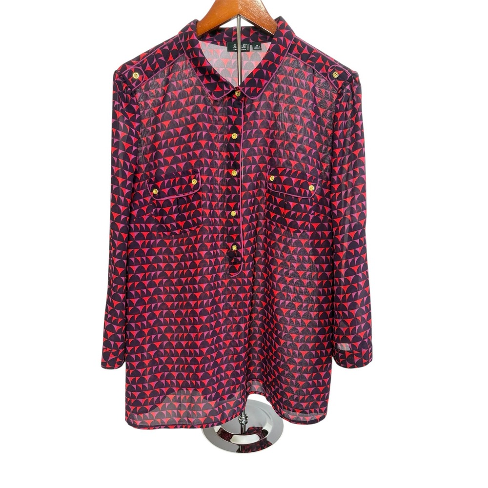 a.n.a Aโ New Approach Top Blouse Women's 1X Long Sleeve 3/4 Button Down Red